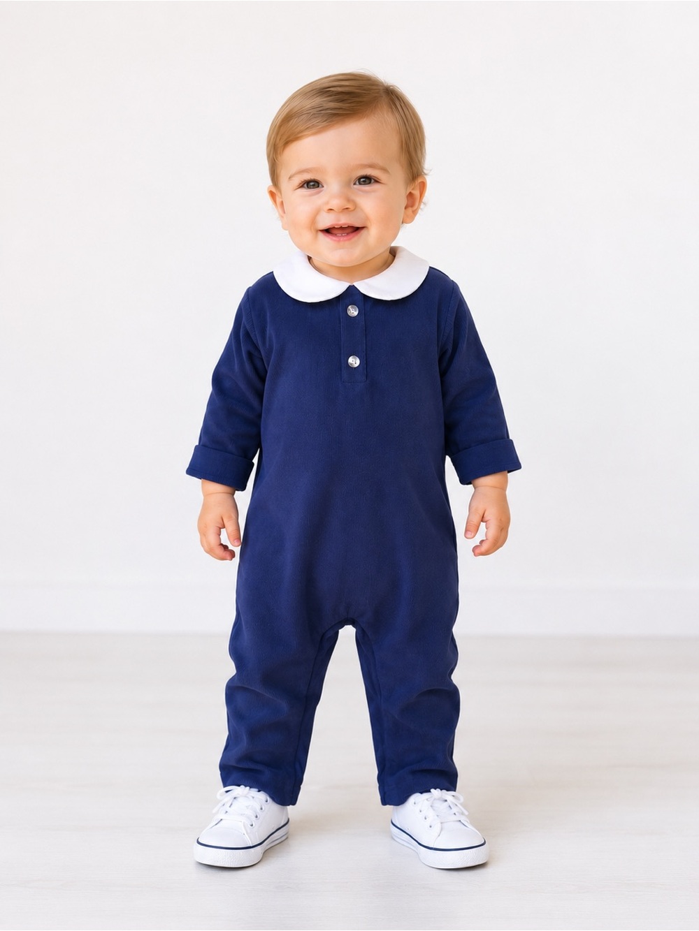 Edgehill Collection Boy’s Navy Corduroy One-Piece Romper 9M Peter Pan Collar